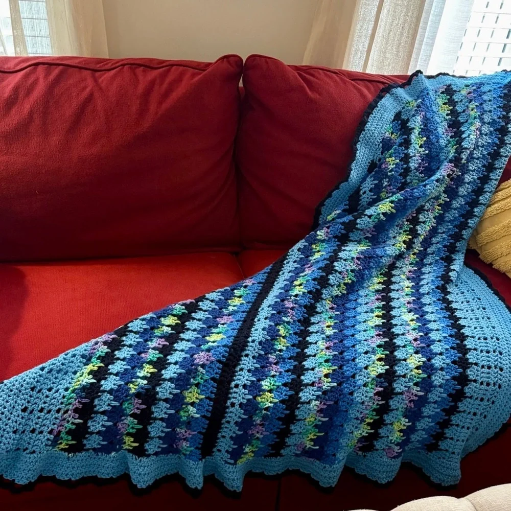 Handmade Blue Multicolor Crochet Afghan Blanket Scalloped Rectangle Multicolor